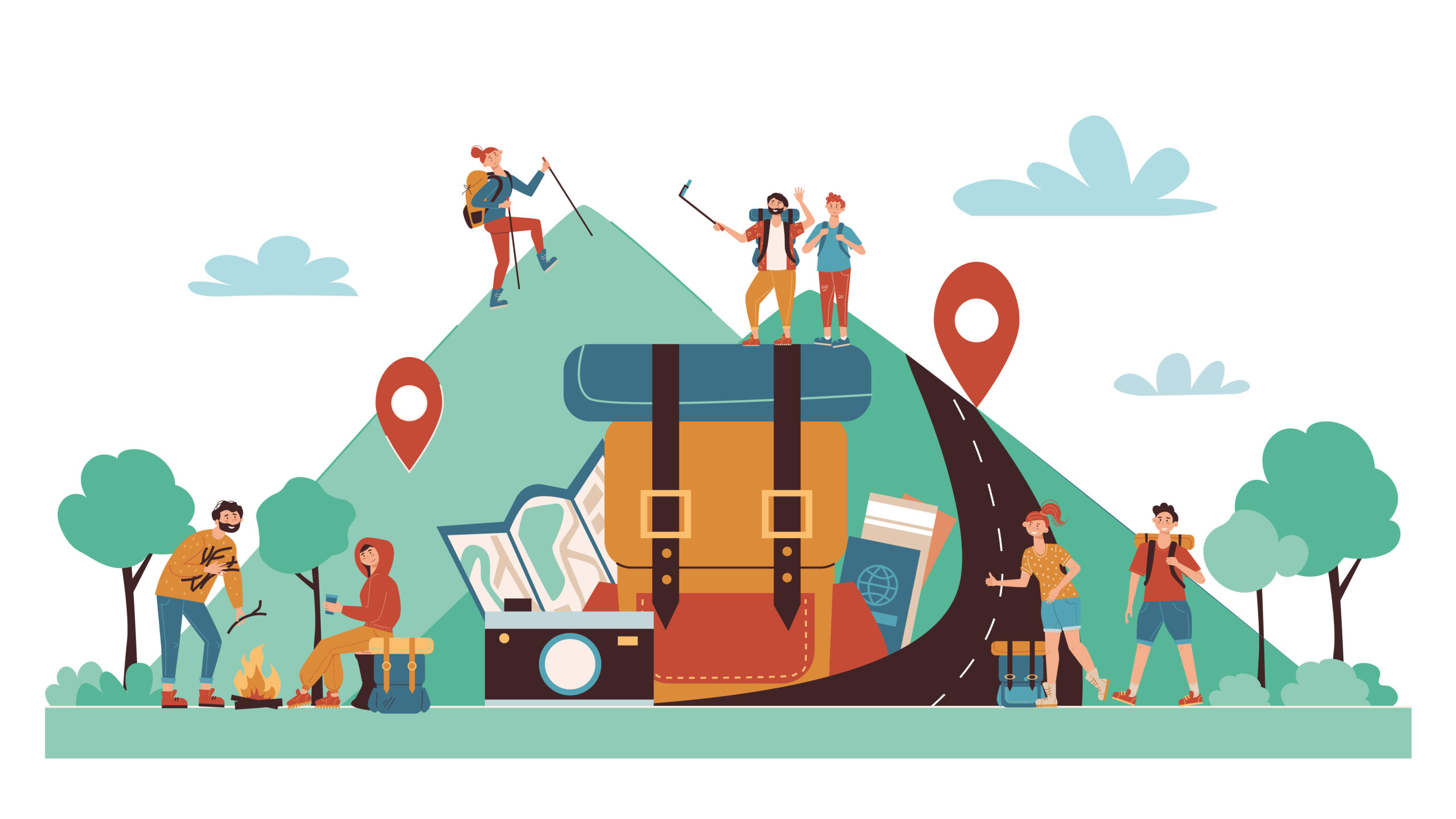 Self guided camping travel cartoon composition with online map location symbols tourists hiking climbing mountains vector illustration